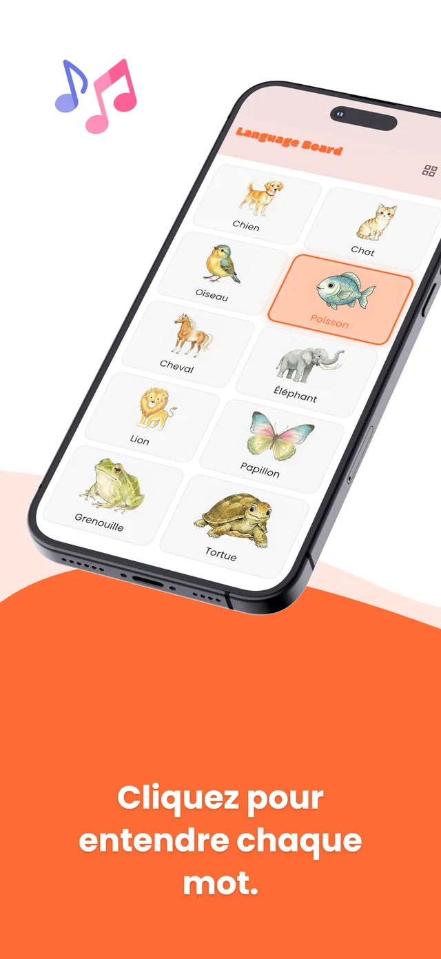 French board screen 1: illustrated words a child taps to hear