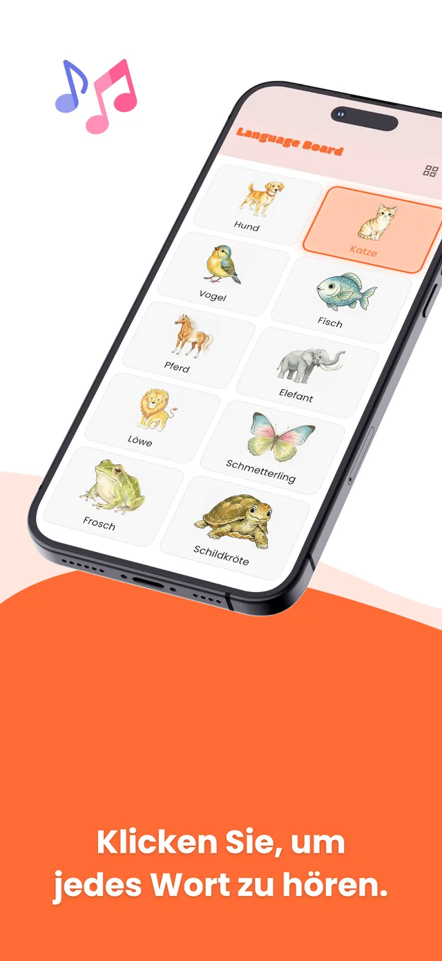 German board screen 1: illustrated words a child taps to hear