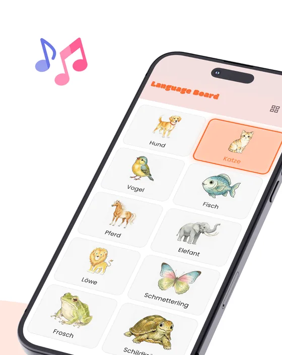 The German animal board on an iPhone: illustrated animals, each labelled in German.