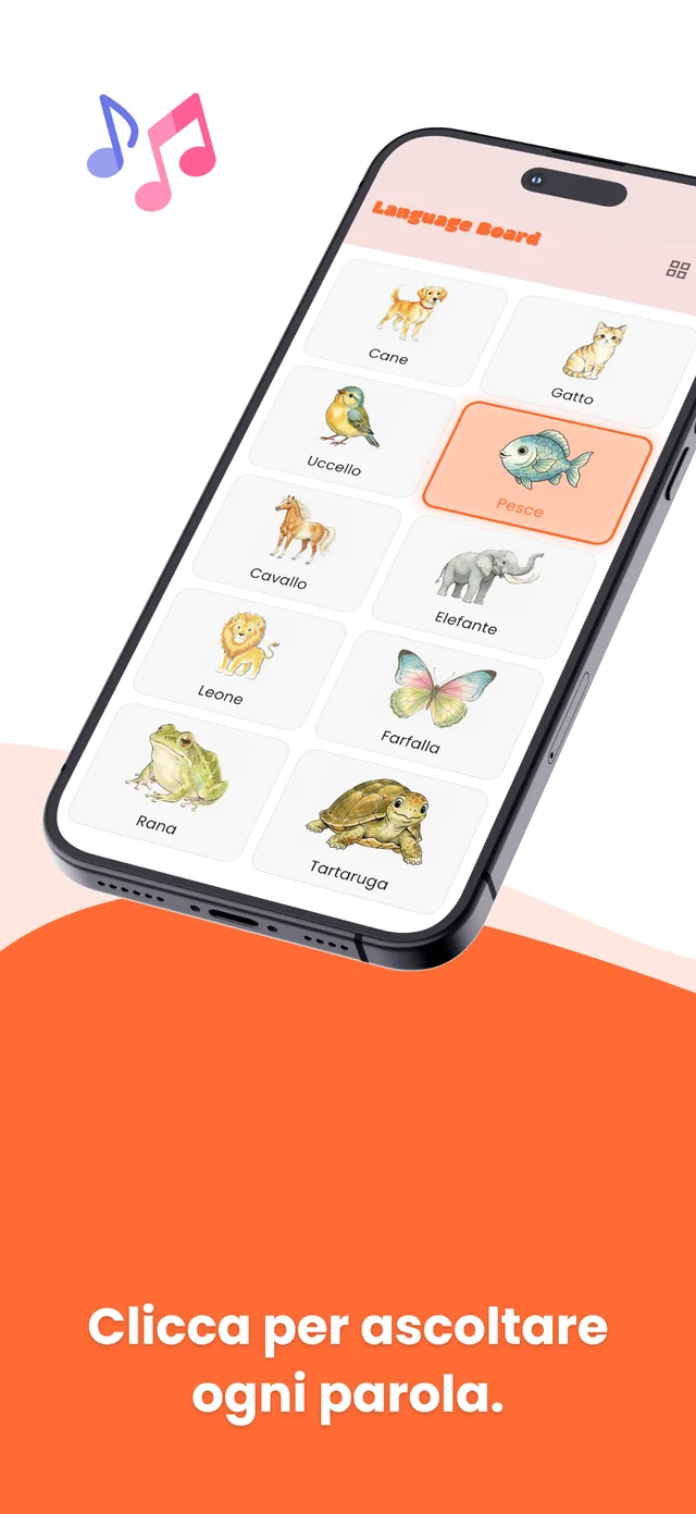 Italian board screen 1: illustrated words a child taps to hear