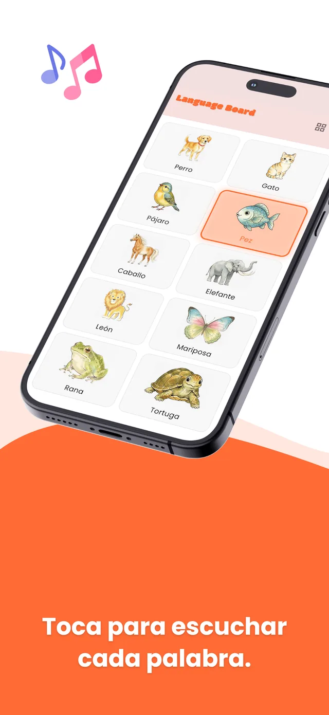 Spanish board screen 1: illustrated words a child taps to hear